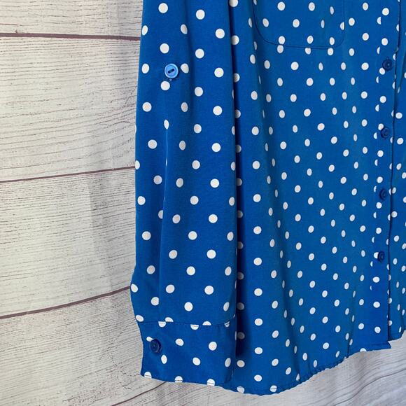 Studio Works Blue and White Polka Dot Button Down Shirt Roll Tab Long Sleeve - Picture 14 of 16